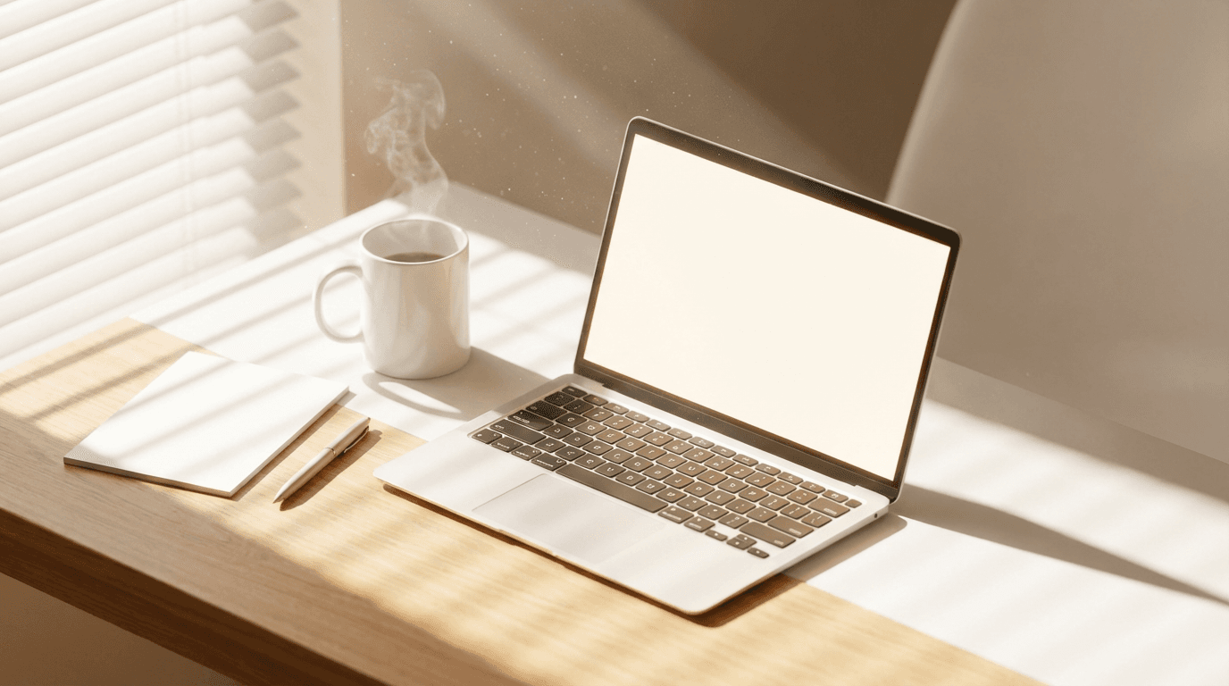 Hands typing on a laptop at a clean, modern desk with natural light
