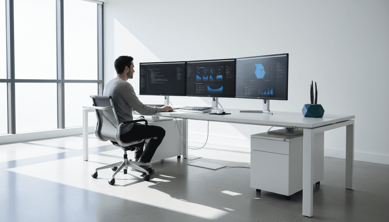 Modern web design workspace with AI-powered website displayed on dual monitors
