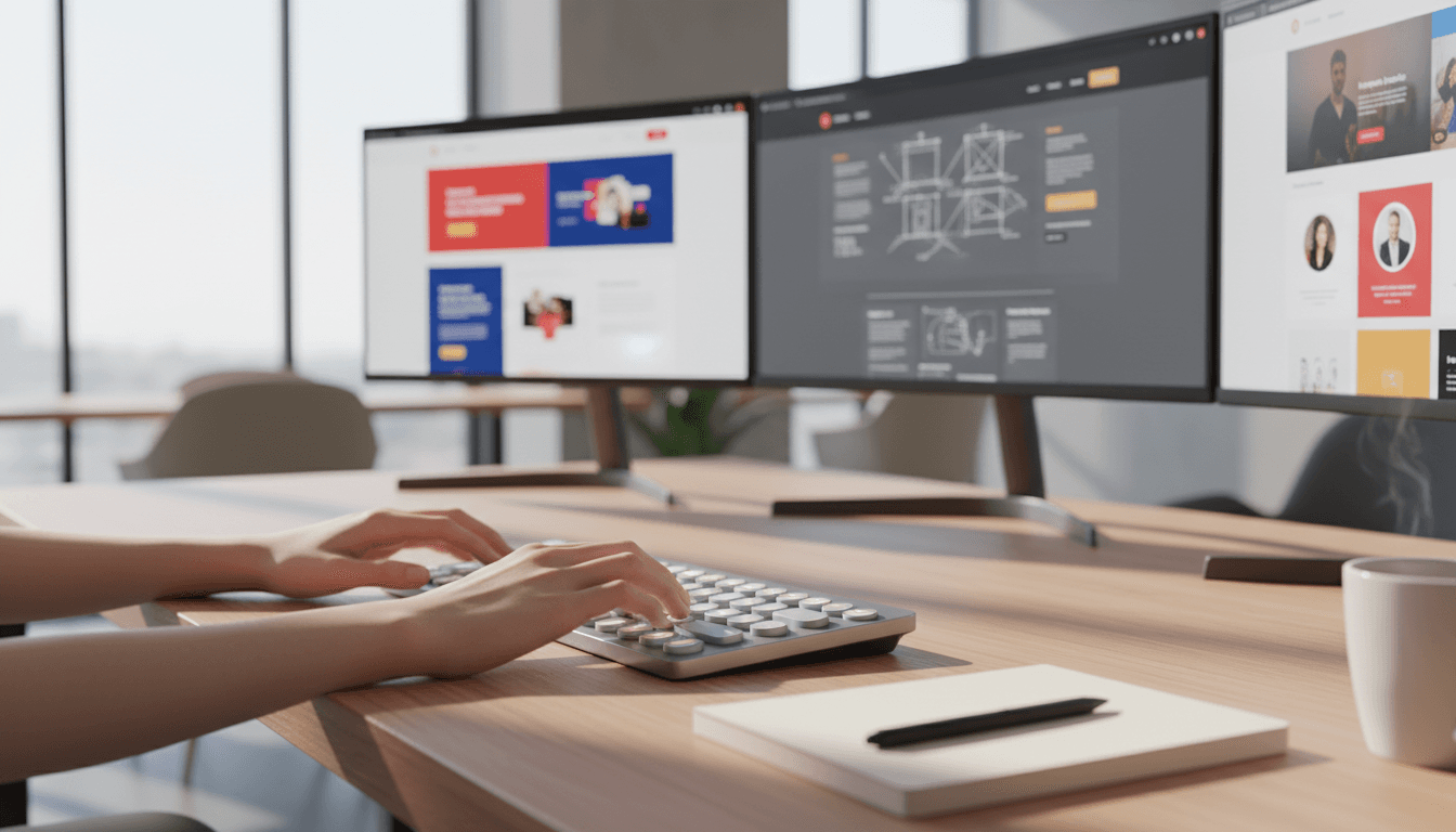 Web developer reviewing website design on computer monitor in modern Atlanta office